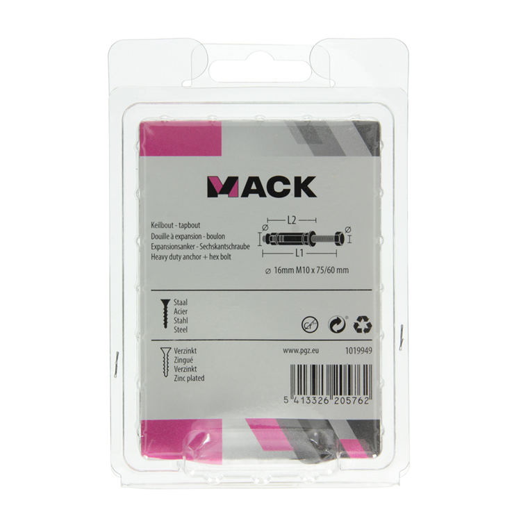 Mack 1019949 - Keilbolzen 6-kant Bolzen verzinkt 2 Stück M10 x 75 mm | 5 Stück