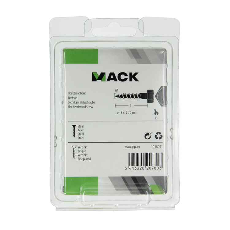 Mack 1018051 - Holzgewindebolzen verzinkter Stahl 16 Stück 8 x 70 mm | 5 Stück