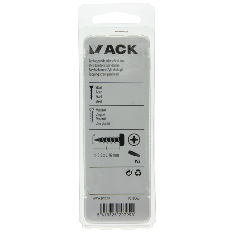 Mack 1018063 – selbstschneidende Schraube mit Zylinderkopf, verzinkt. 60 Stück 3,9 x 16 mm | 5 Stück