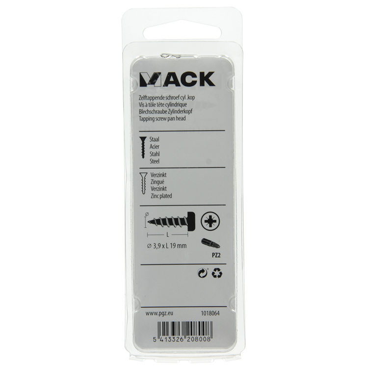 Mack 1018064 – selbstschneidende Schraube mit Zylinderkopf, verzinkt. 56 Stück 3,9 x 19 mm | 5 Stück