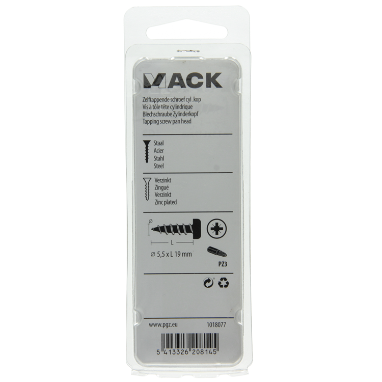 Mack 1018077 – selbstschneidende Schraube mit Zylinderkopf, verzinkt. 25 Stück 5,5 x 19 mm | 5 Stück