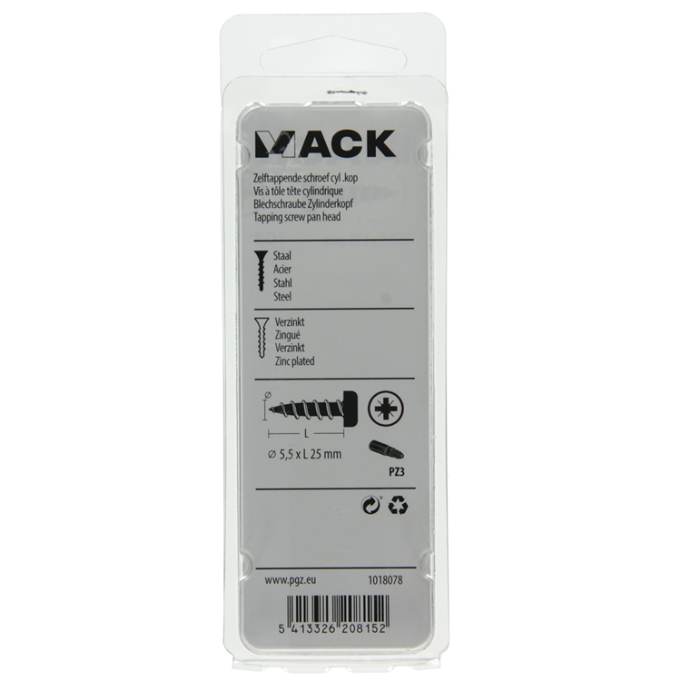 Mack 1018078 – selbstschneidende Schraube mit Zylinderkopf, verzinkt. 22 Stück 5,5 x 25 mm | 5 Stück