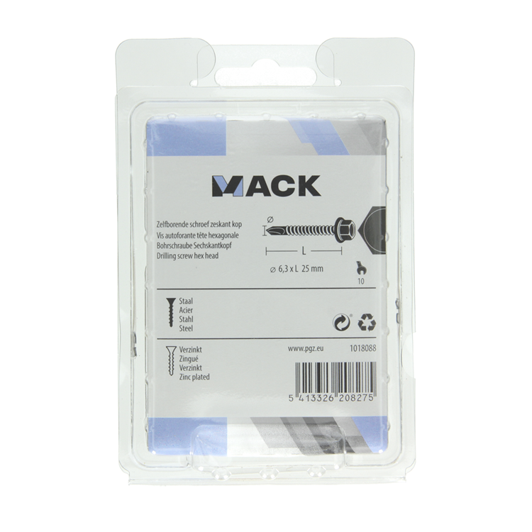 Mack 1018088 – selbstbohrende Sechskantschraube. Kopf verzinkt. 45 Stück 6,3 x 25 mm | 5 Stück