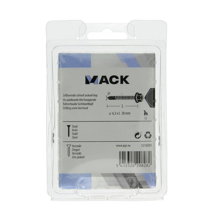 Mack 1018089 – selbstbohrende Sechskantschraube. Kopf verzinkt. 40 Stück 6,3 x 38 mm | 5 Stück