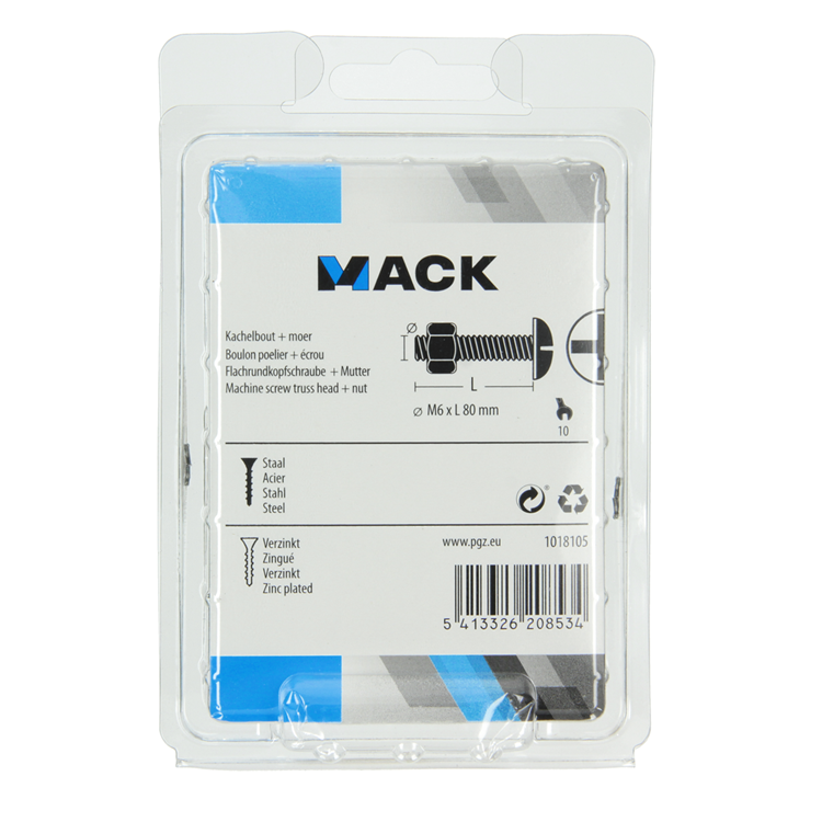 Mack 1018105 – Heizungsschraube + Mutter aus verzinktem Stahl, 18 Stück, M6 x 80 mm | 5 Stück