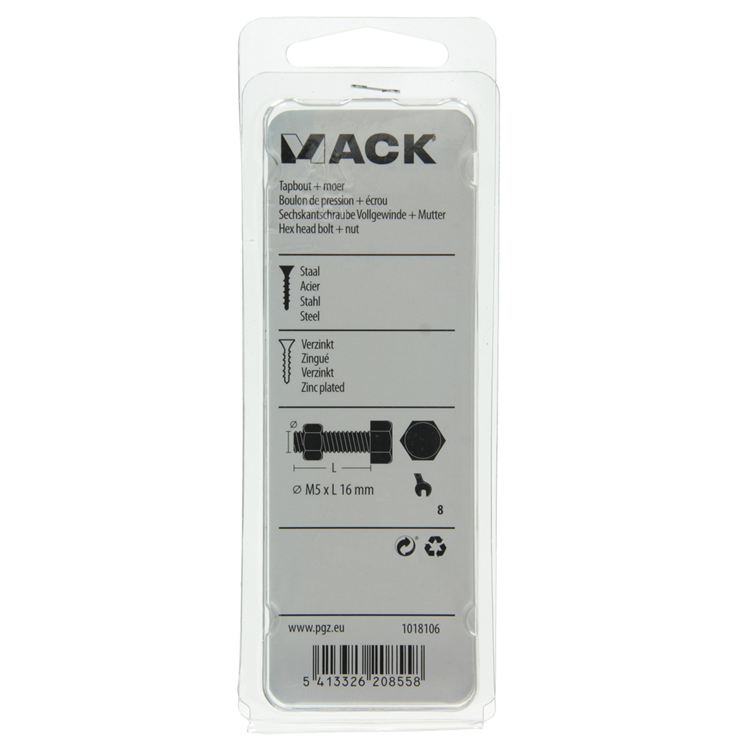 Mack 1018106 – Hahnschraube + Mutter aus verzinktem Stahl, 40 Stück, M5 x 16 mm | 5 Stück