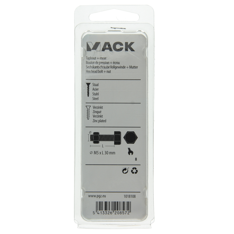 Mack 1018108 – Hahnschraube + Mutter aus verzinktem Stahl, 30 Stück, M5 x 30 mm | 5 Stück
