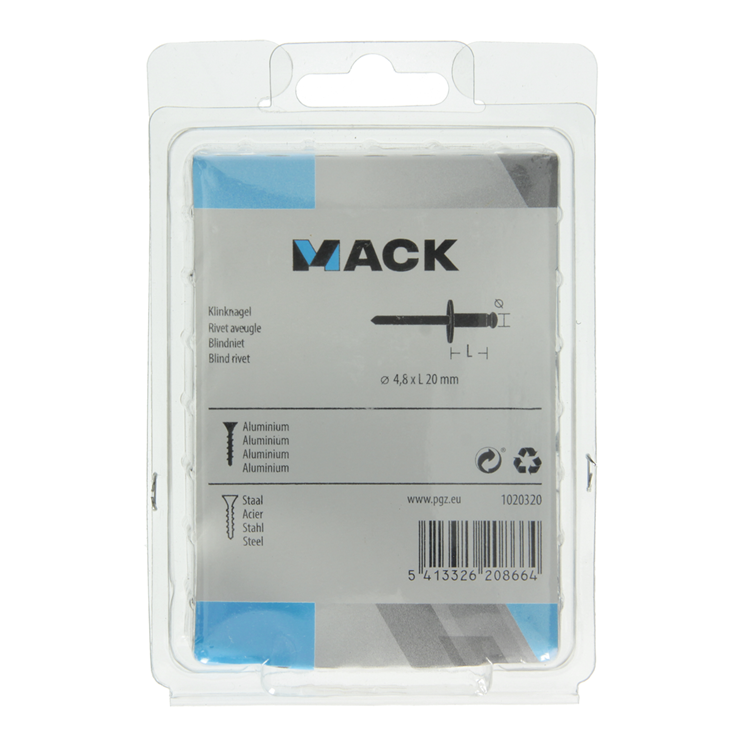 Mack 1020320 – 40 Blindklammern, Aluminium, breiter Kopf, 4,8 x 20 mm | 3 Stück