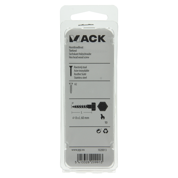 Mack 1020013 - Holzgewindebolzen Edelstahl 7 Stück 8 x 60 mm | 5 Stück