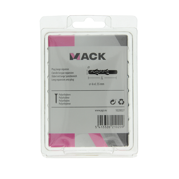 Mack 1020027 - Dübel mit langer Ausdehnung, Polyethylen, 60 Stück, 6 x 55 mm | 3 Stück