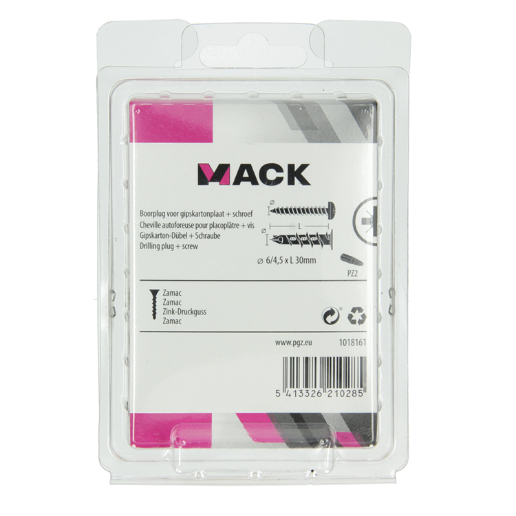 Mack 1018161 – Bohrdübel für Gipskarton + Schraube. Zamak 15 Stück 6 x 38 mm | 5 Stück