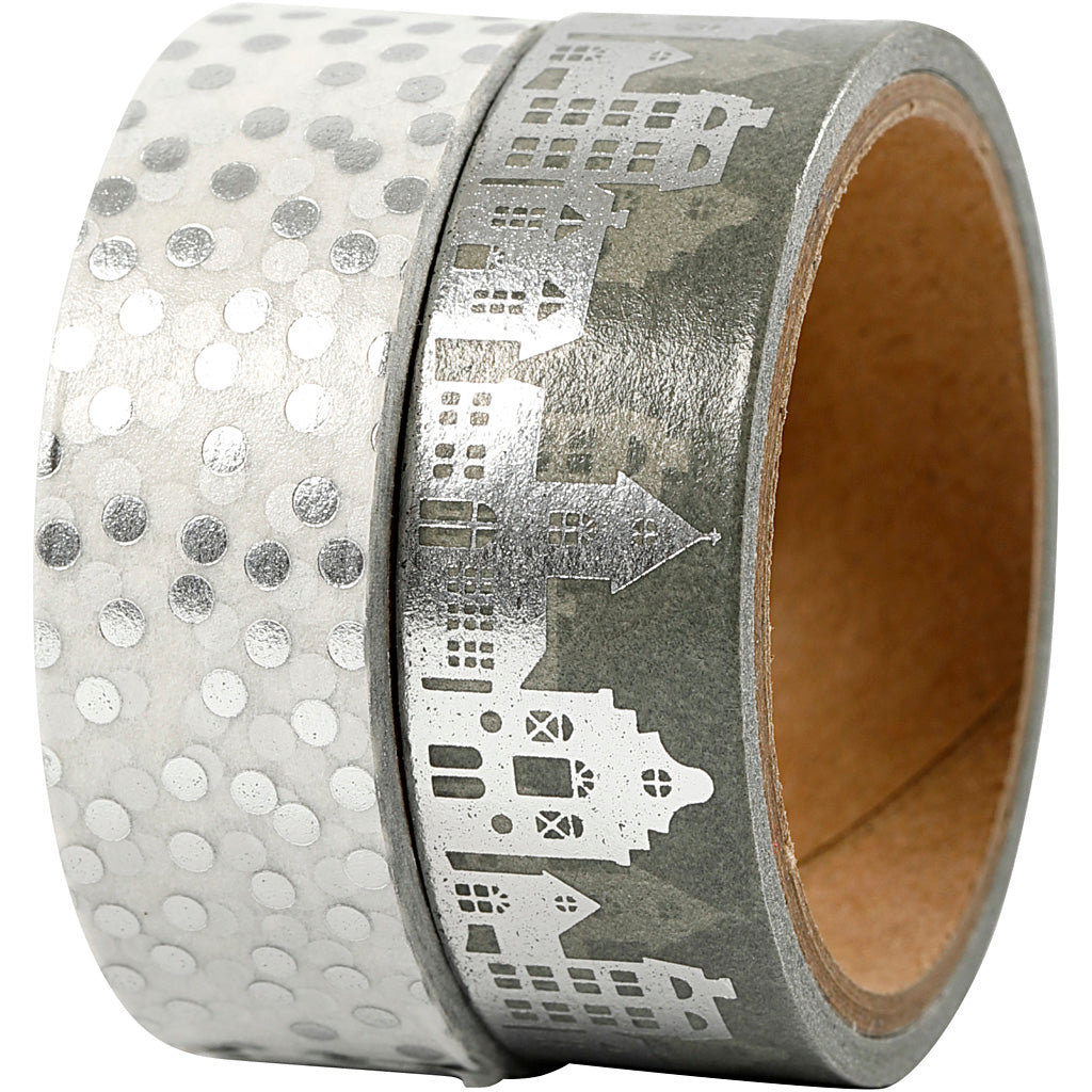 Vivi Gade Abdeckband, Häuser und Punkte – Folie, B: 15 mm, Silber, 2x4 m 1 Box