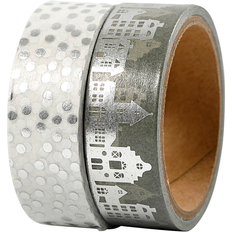 Vivi Gade Abdeckband, Häuser und Punkte – Folie, B: 15 mm, Silber, 2x4 m 1 Box