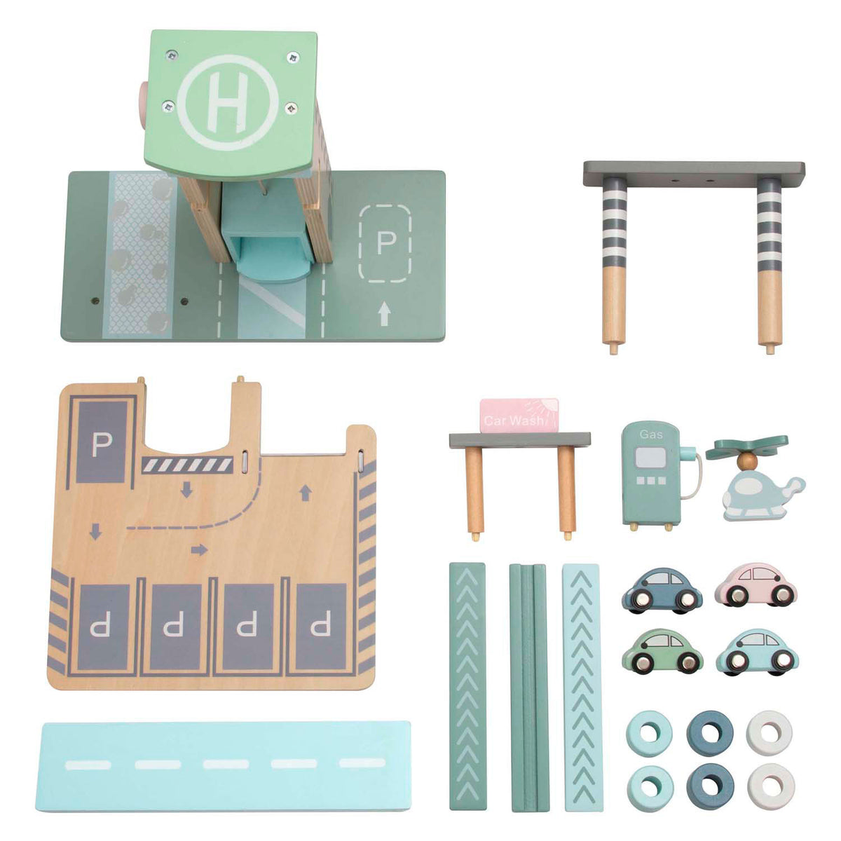 Playwood pastellfarbenes Parkhaus und Tankstelle aus Holz mit Aufzug