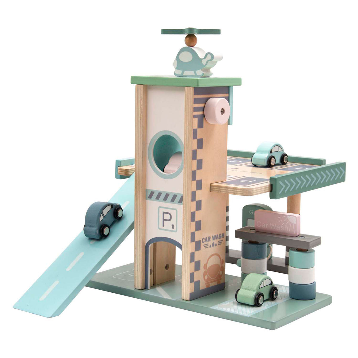 Playwood pastellfarbenes Parkhaus und Tankstelle aus Holz mit Aufzug