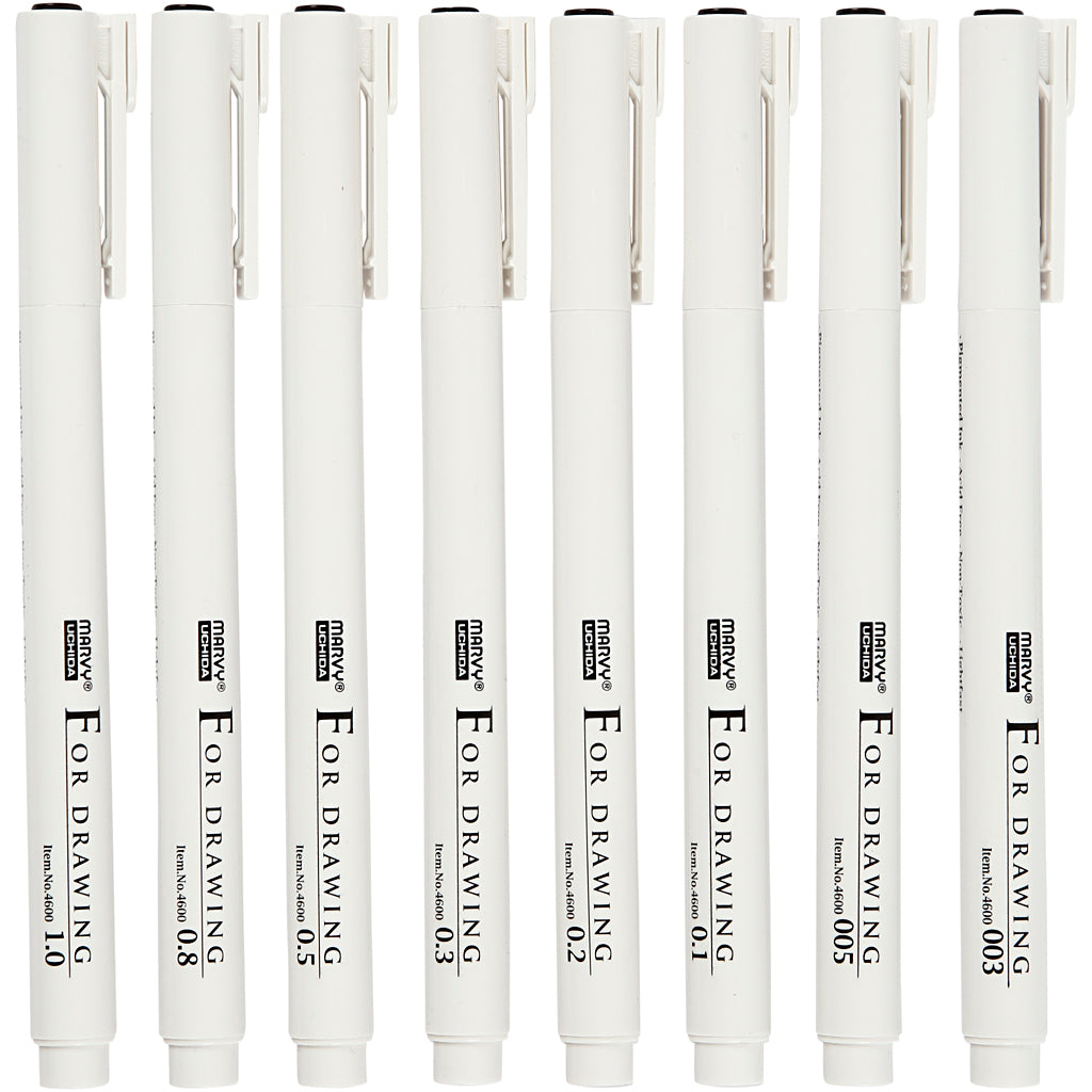 Fineliner, Liniendicke 0,03+0,05+0,1+0,2+0,3+0,5+0,8+1,0 mm, schwarz, 8 Stück 1 Box