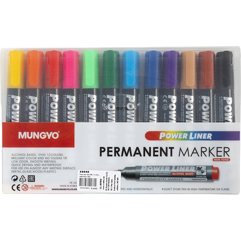 Mungyo Power Liner, Strichstärke 1,5-3 mm, verschiedene Farben, 12 Stück 1 Box