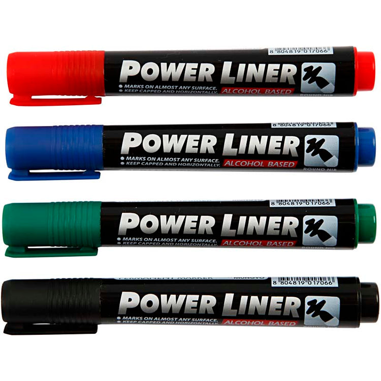 Mungyo Power Liner, Strichstärke 1,5-3 mm, Schwarz, Blau, Grün, Rot, 4 Stück 1 Box