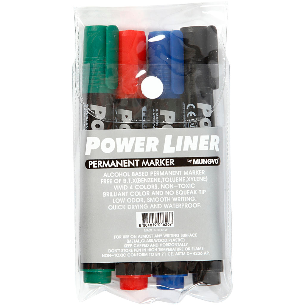 Mungyo Power Liner, Strichstärke 1,5-3 mm, Schwarz, Blau, Grün, Rot, 4 Stück 1 Box