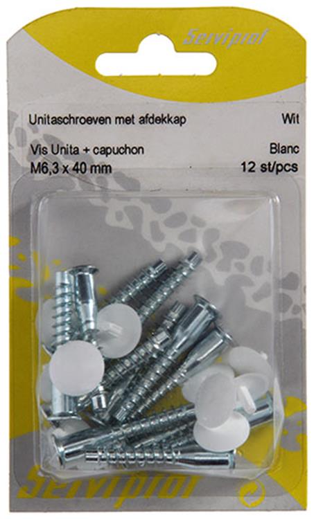 Mack 1013704 - 12 Unita-Schrauben mit Abdeckkappe weiß M 6,3 x 40 mm | 10 Stück
