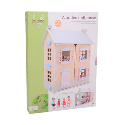 Joueco Puppenhaus aus Holz – inkl. 15 Möbelstücke und 4 Puppen