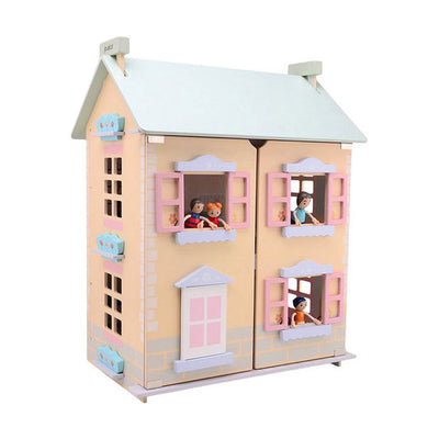Joueco Puppenhaus aus Holz – inkl. 15 Möbelstücke und 4 Puppen