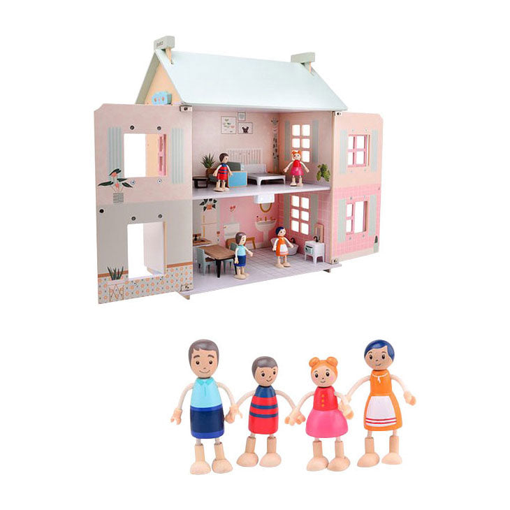 Joueco Puppenhaus aus Holz – inkl. 15 Möbelstücke und 4 Puppen