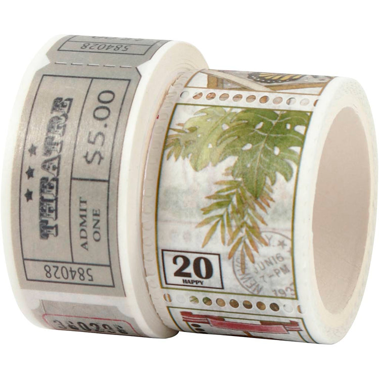 Creativ Company Abdeckband, Ticket- und Naturmotive, L: 3+5 m, B: 20+25 mm, 2 Rollen 1 Karton