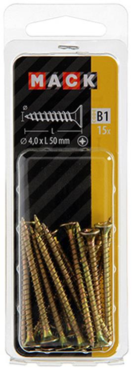 Mack 1017237 - Spanplattenschraube mit Kopf vergilbt 15 Stück 4,0 x 50 mm | 10 Stück