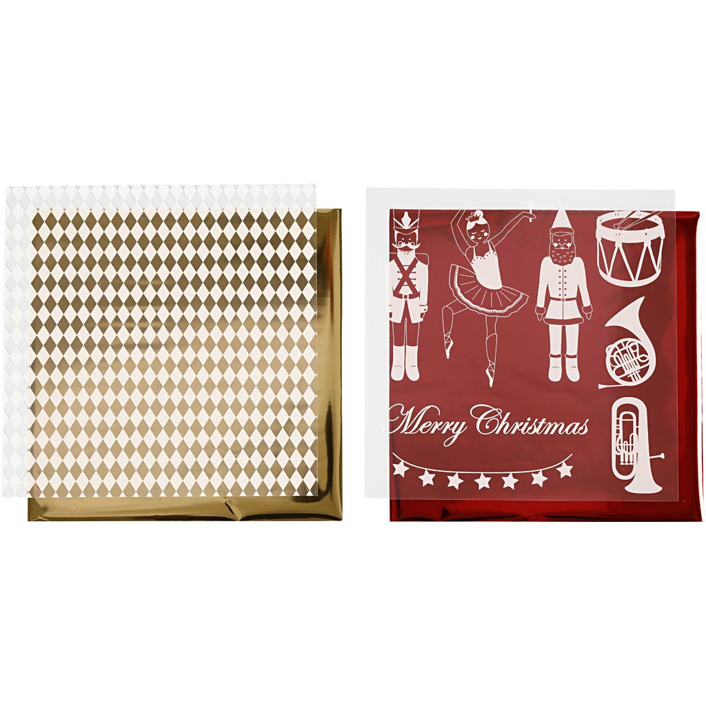Vivi Gade Dekofolie und Transferblatt, Nussknacker, Weihnachtsmann und Ballerina, Blatt 15x15 cm, Gold, Rot, Weiß, 4 Blatt 1 Box