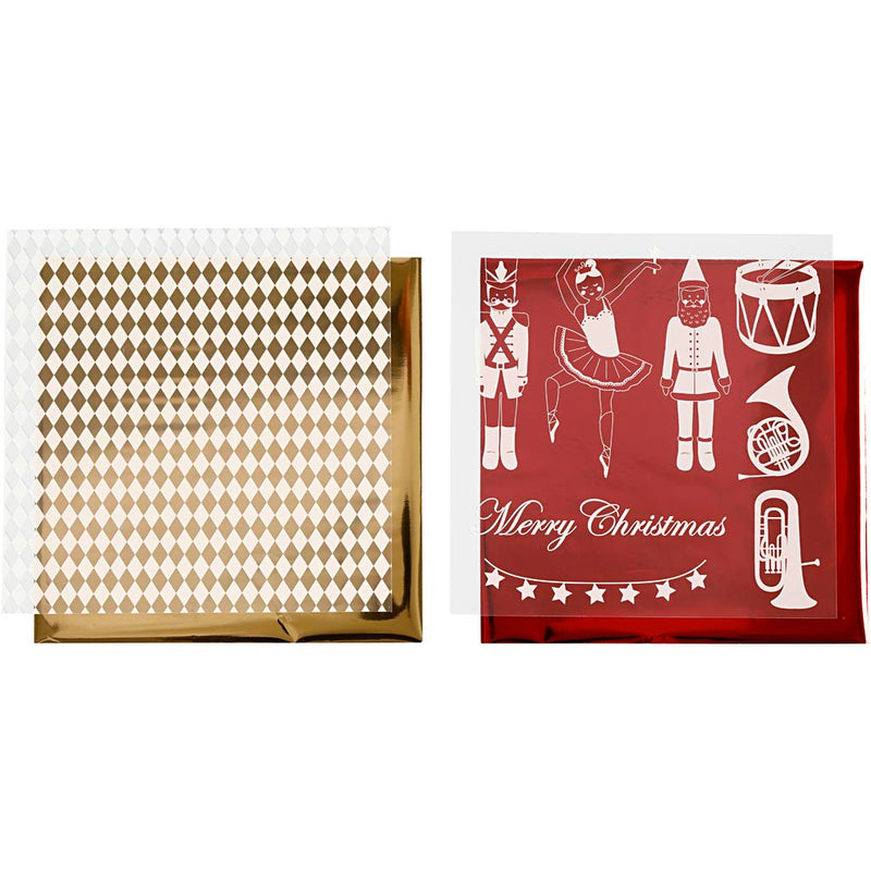 Vivi Gade Dekofolie und Transferblatt, Nussknacker, Weihnachtsmann und Ballerina, Blatt 15x15 cm, Gold, Rot, Weiß, 4 Blatt 1 Box