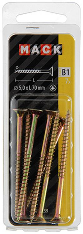 Mack 1017259 – Spanplattenschraube mit Kopf gelb beschichtet. 7 Stück 5,0 x 70 mm | 10 Stück