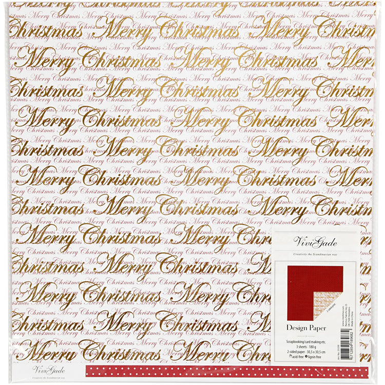 Vivi Gade Designpapier, Frohe Weihnachten und Punkte, Blatt 30,5 x 30,5 cm, 180 g, Gold, 3 Blatt 1 Box