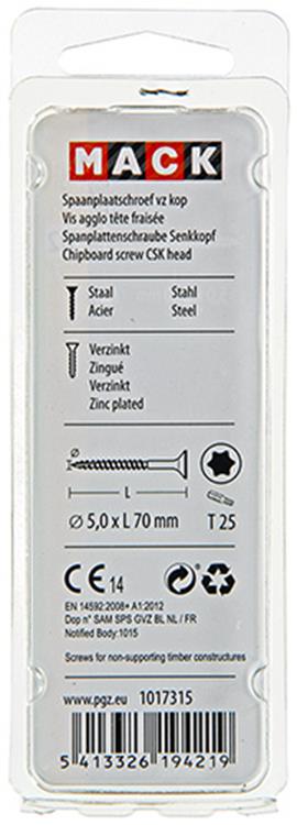Mack 1017315 - spanienplschr.vzkop-selbstmontage gelb plattiert 7 Stück 5,0 x 70 mm | 10 Stück
