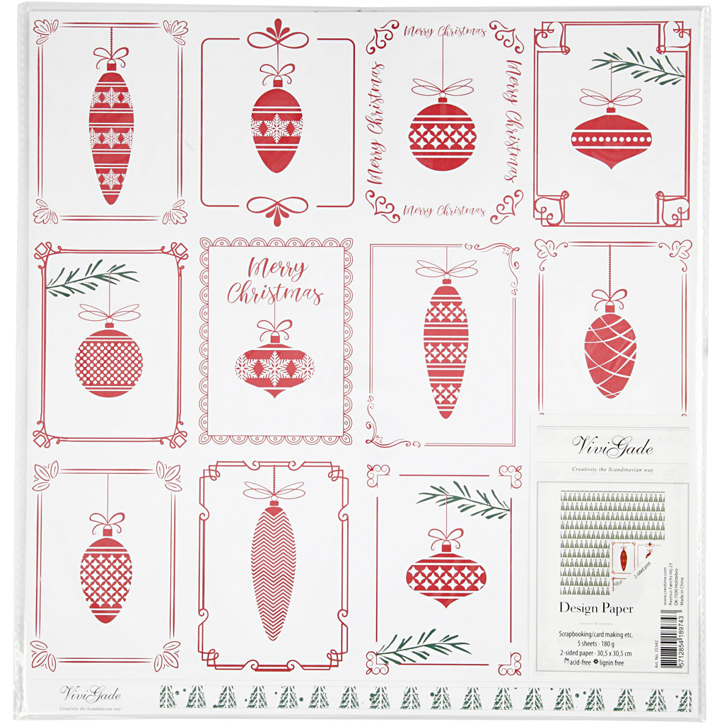 Vivi Gade Designpapier, Weihnachtskugeln und Weihnachtsbäume, Blatt 30,5 x 30,5 cm, 180 g, 5 Blatt 1 Karton