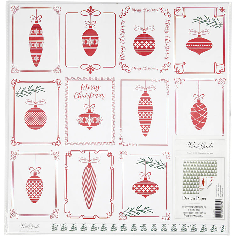 Vivi Gade Designpapier, Weihnachtskugeln und Weihnachtsbäume, Blatt 30,5 x 30,5 cm, 180 g, 5 Blatt 1 Karton