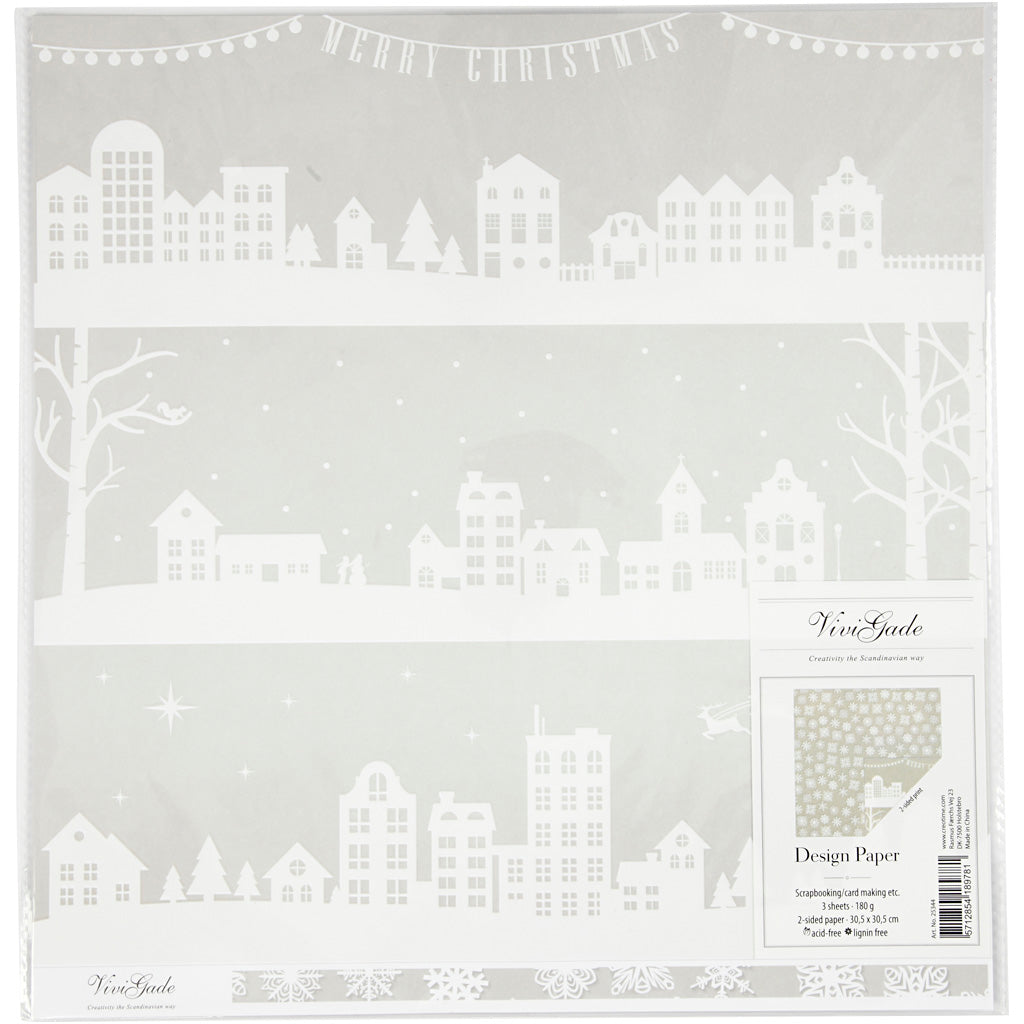 Vivi Gade Designpapier, Häuser und Schneeflocken, Blatt 30,5 x 30,5 cm, 180 g, 3 Blatt 1 Box