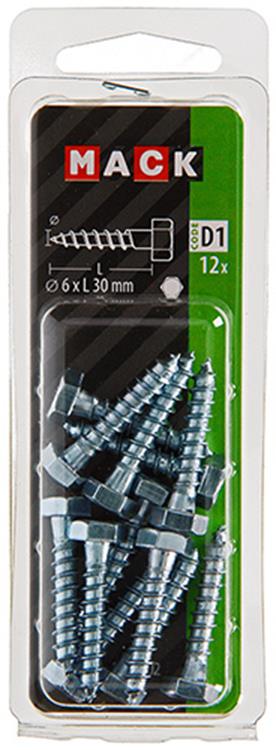 Mack 1017402 - Holzgewindebolzen Stahl verzinkt 12 Stück 6 x 30 mm | 10 Stück