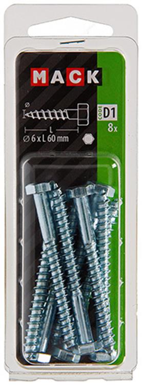 Mack 1017406 - Holzgewindebolzen Stahl verzinkt 8 Stück 6 x 60 mm | 10 Stück