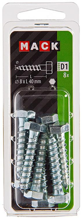 Mack 1017414 - Holzgewindebolzen Stahl verzinkt 8 Stück 8 x 40 mm | 5 Stück