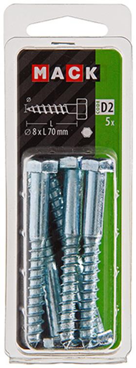 Mack 1017417 - Holzgewindebolzen Stahl verzinkt 5 Stück 8 x 70 mm | 5 Stück