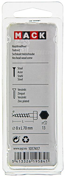 Mack 1017417 - Holzgewindebolzen Stahl verzinkt 5 Stück 8 x 70 mm | 5 Stück