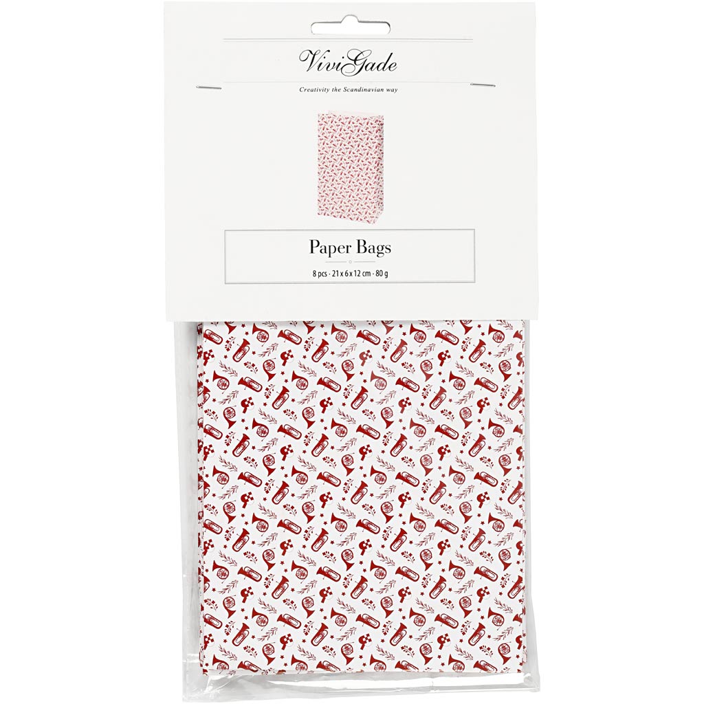 Vivi Gade Papiertüten, Trompete, H: 21 cm, Größe 6x12 cm, 80 g, rot, weiß, 8 Stück 1 Box