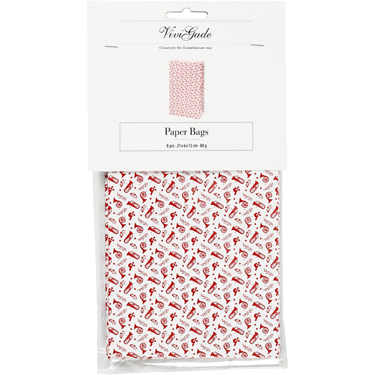 Vivi Gade Papiertüten, Trompete, H: 21 cm, Größe 6x12 cm, 80 g, rot, weiß, 8 Stück 1 Box