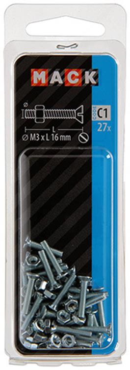 Mack 1017489 – Metallschraube verzinkt. Kopf + Mutter plattiert 27 Stück M3 x 16 mm | 10 Stück