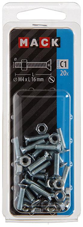 Mack 1017491 – Metallschraube verzinkt. Kopf + Mutter plattiert 20 Stück M4 x 16 mm | 10 Stück