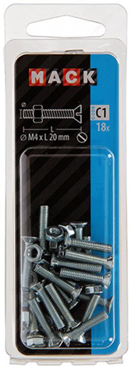 Mack 1017492 – Metallschraube verzinkt. Kopf + Mutter plattiert 18 Stück M4 x 20 mm | 10 Stück