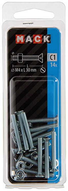 Mack 1017494 – Metallschraube verzinkt. Kopf + Mutter plattiert 14 Stück M4 x 30 mm | 10 Stück