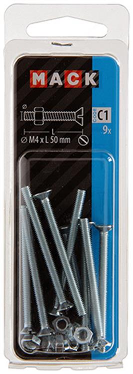 Mack 1017496 – Metallschraube verzinkt. Kopf + Mutter plattiert 9 Stück M4 x 50 mm | 10 Stück