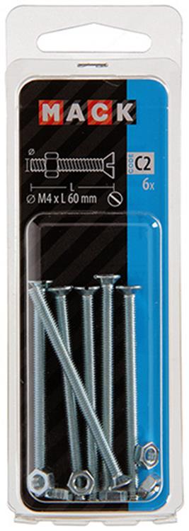 Mack 1017497 – Metallschraube verzinkt. Kopf + Mutter plattiert 6 Stück M4 x 60 mm | 10 Stück